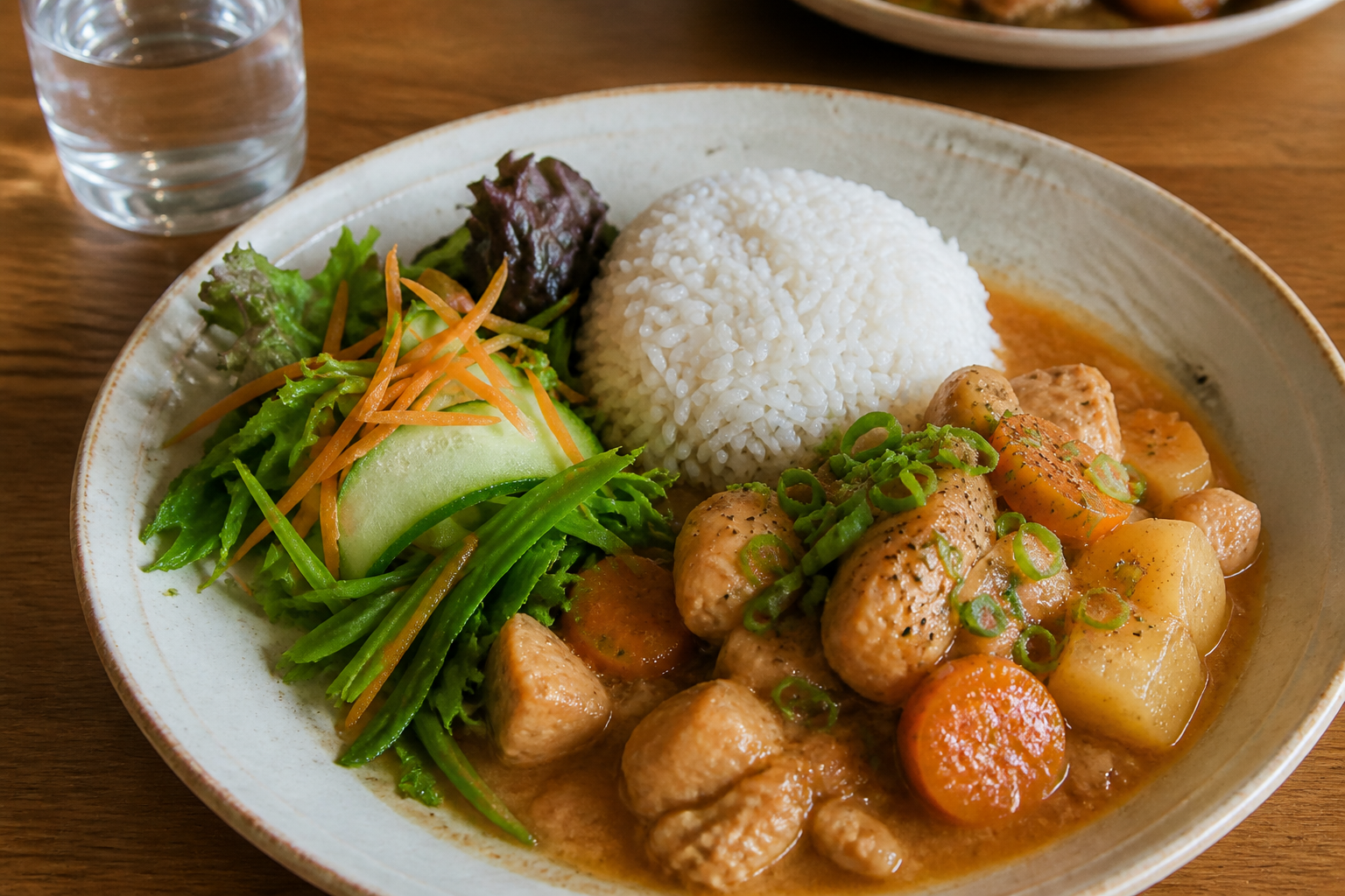 Asiatisk kycklinggryta med ris och sallad